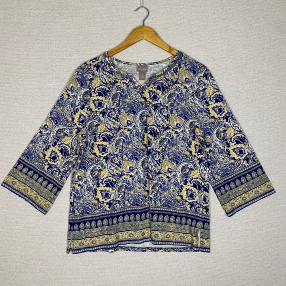 Chicos Top Womens 2/L Jersey Knit Sequin Embellished Neckline Paisley Boho Print